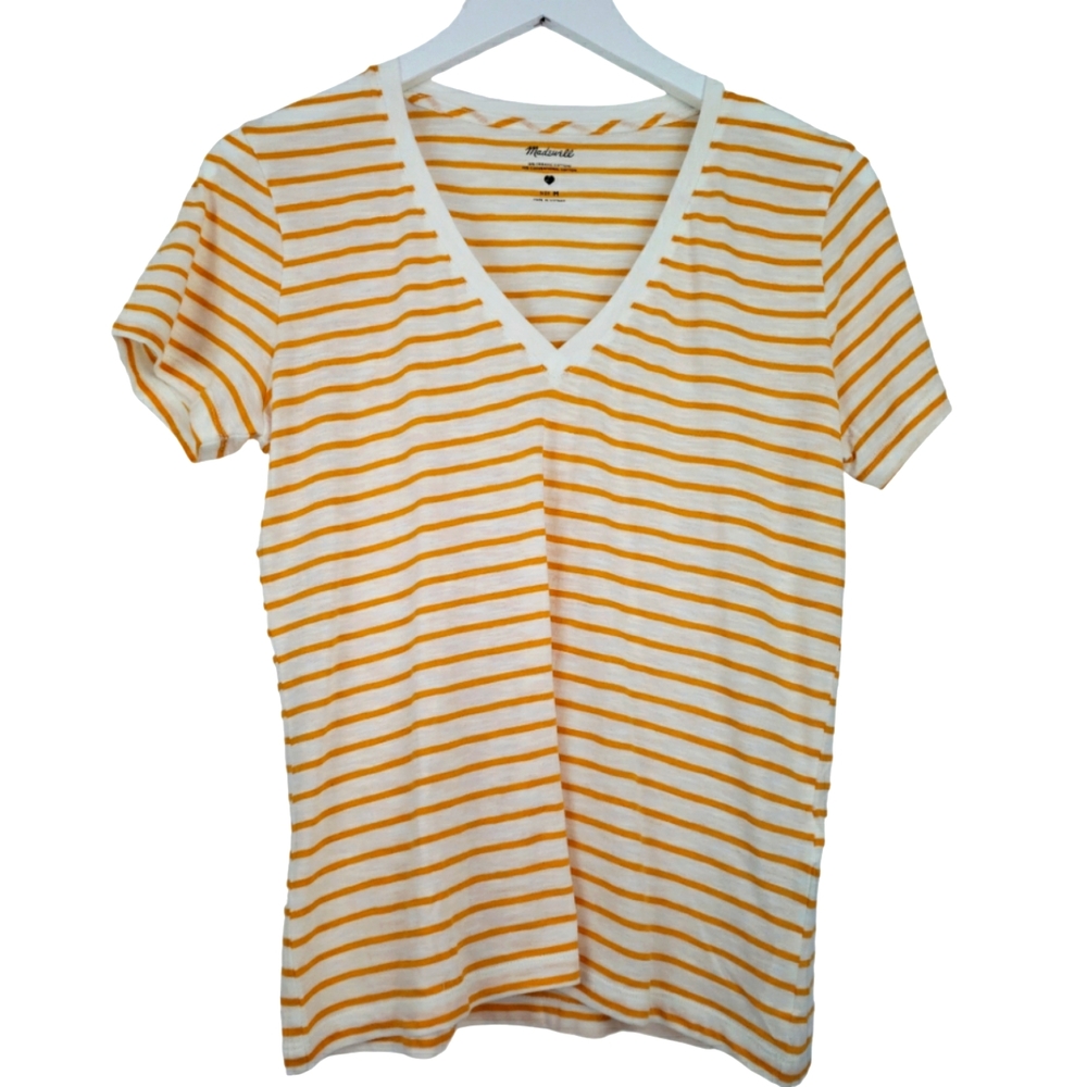 Madewell NWT Cotton V Neck Tee Size Medium in White & Pollen Stripes